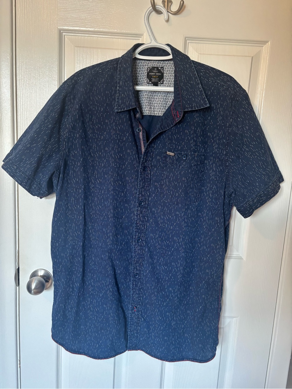Men’s Short Sleeve Navy Patterned Button-Up Shirt